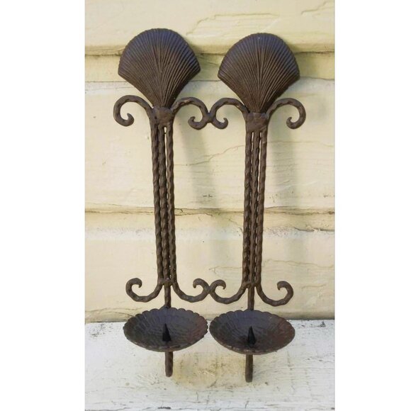 VTG Double Pillar Candle Holder Hammered Scallop Shell Wrought Iron Wall Sconce - Picture 1 of 8